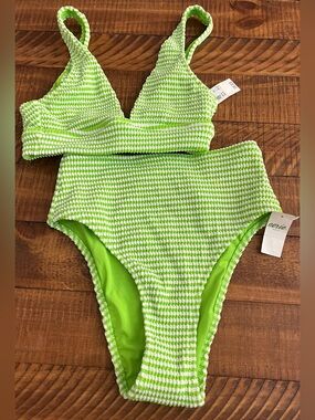 NWT Aerie FULL SET Crinkle Stripe Longline Plunge + High Waist Bottom Green XS